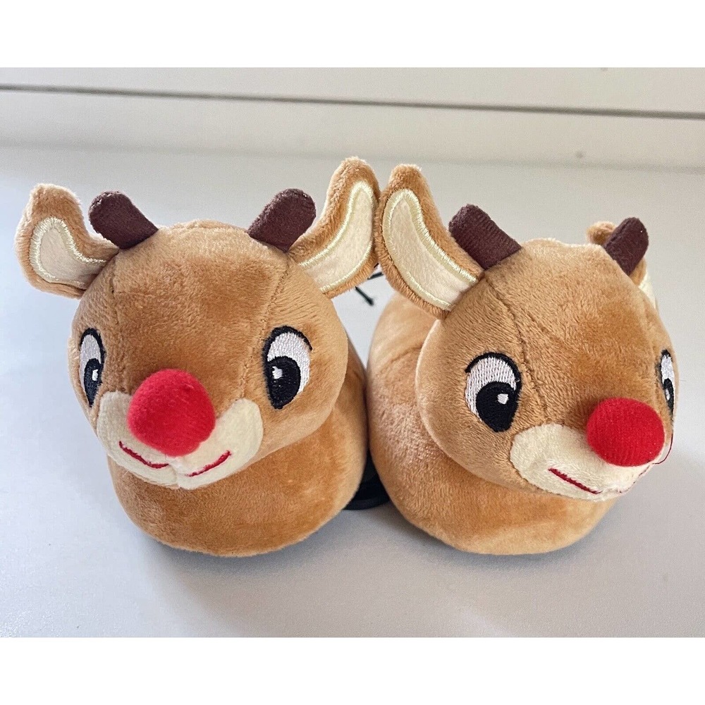 Rudolph Toddler Christmas Slippers The Red Nosed Reindeer Brown Size 3 NWT